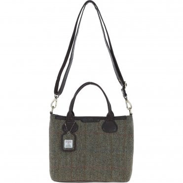 Versatile Ashwood Leather & Harris Tweed® Cloth Shoulder Bag Brown/Green: TW-22-09-BG