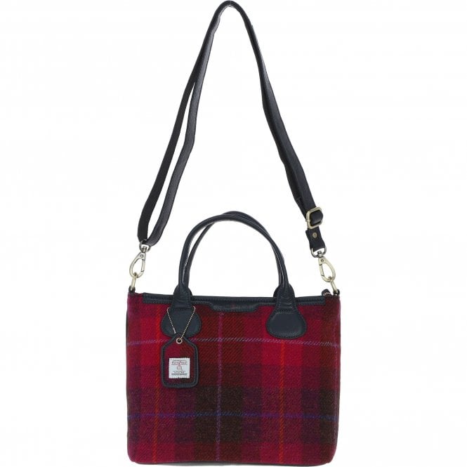 Ashwood Versatile Leather & Harris Tweed® Cloth Shoulder Bag Navy/Pink: TW-22-06-NP