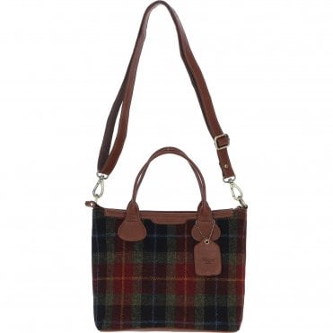 Versatile Ashwood Leather & Harris Tweed® Cloth Shoulder Bag Tan/Green/Red: TW-22-08-TR
