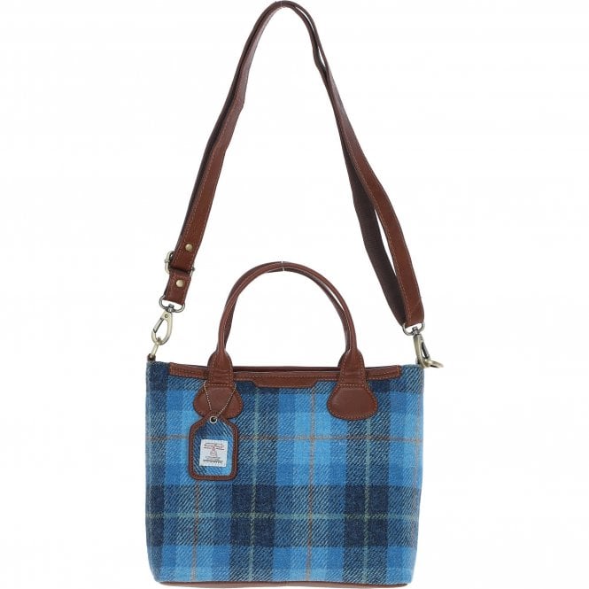 Ashwood Versatile Leather & Harris Tweed® Cloth Shoulder Bag Tan/LT Blue: TW-22-05-TB