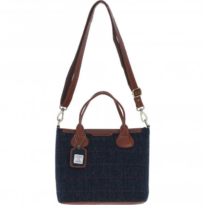 Ashwood Versatile Leather & Harris Tweed® Cloth Shoulder Bag Tan/Navy: TW-22-011-TN