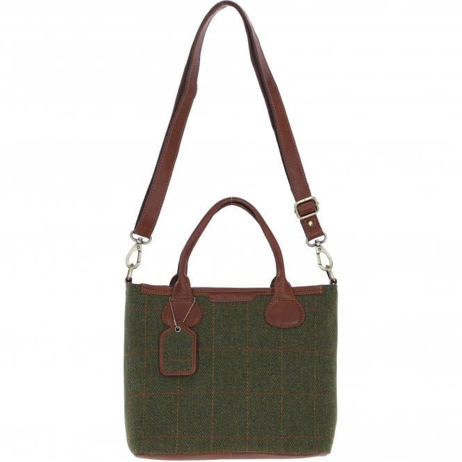 Ashwood Versatile Leather & Tweed Shoulder Bag Tan/Green Check: TW-22-010-TGNH