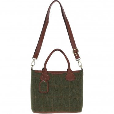 Versatile Ashwood Leather & Tweed Shoulder Bag Tan/Green Check: TW-22-010-TGNH